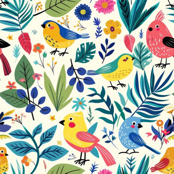 Bird Fabric, Cute Bird And Green Plant Fabric Cartoon Cotton Fabric Anime Fabric By The Half Yard