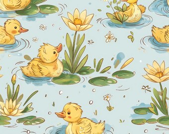 Tela con patito amarillo en un estanque, tela con patos silvestres, tela con patos lindos, tela de algodón con dibujos animados, tela de anime por medio metro.