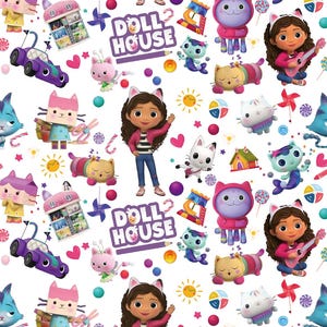 Gabby&#39;s Dollhouse Fabric Pink Purple Fabric Cartoon Cotton Fabric By The Half Yard