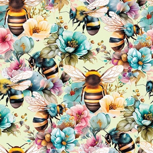 May include: A seamless pattern featuring watercolor illustrations of bees and flowers. The design includes yellow and black bees, and colorful flowers in shades of pink, blue, and yellow, set against a light green background.