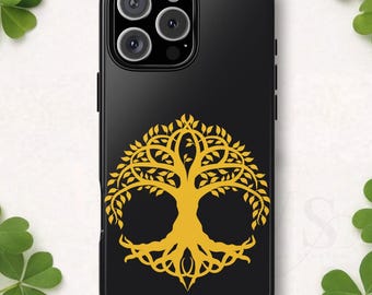 Tree of Life Tough Phone Case, Celtic Symbol Gold Black, Spiritual Family Roots, Compatible with iPhone 17 16 15 14 13 Galaxy Google