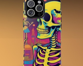 Neon Skeleton Slim Phone Case, Retro Halloween Aesthetic Cover, Colorful Skull Fall Accessory Compatible with iPhone 17 16 15 14 13 Pro Max