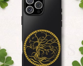 Tree of Life Tough Phone Case, Celtic Medallion Gold Black, Compatible with iPhone 17 16 15 14 13 Galaxy Google