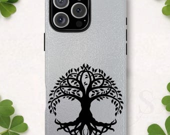 Celtic Tree of Life Tough Phone Case, Minimalist Black Irish Symbol Cover, Compatible with iPhone 17 16 15 14 13 Galaxy Google