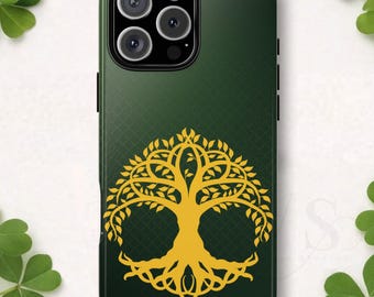 Celtic Tree of Life Tough Phone Case, Emerald Gold Irish Symbol Cover, Compatible with iPhone 17 16 15 14 13 Galaxy Google