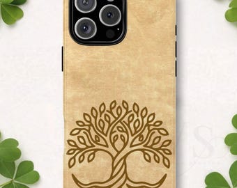 Celtic Tree of Life Tough Phone Case, Manuscript Parchment Irish Symbol Cover, Compatible with iPhone 17 16 15 14 13 Galaxy Google