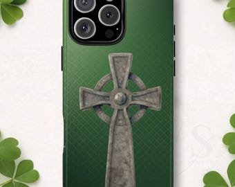 Stone Celtic Cross Tough Phone Case, Emerald Irish Heritage Symbol, Compatible with iPhone 17 16 15 14 13 Galaxy Google