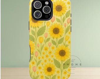 Sunflower Floral Magnetic Phone Case, Watercolor Botanical Print, Compatible with iPhone 17, 16, 15, 14, 13
