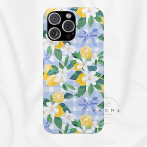 Funda fina con estampado floral de cuadros vichy de limón, lazo azul y cítricos, compatible con iPhone 17, 16, 15, 14 y 13.