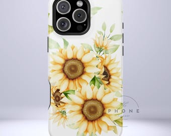 Sunflower Floral Tough Phone Case, Watercolor Botanical Print, Compatible with iPhone 17, 16, 15, 14, 13, Galaxy, Google