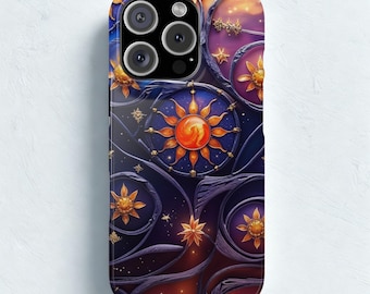 May include: A phone case featuring a celestial design with suns, stars, and swirling patterns in shades of blue, purple, and orange. The case has a glossy finish and a camera cutout.