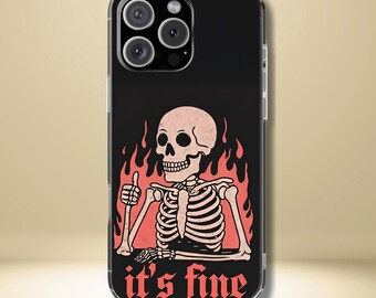 Flaming Skeleton Tough Phone Case, Creepy Cute Halloween Aesthetic, Gothic Spooky Style, Compatible with iPhone, Galaxy, and Google Phones
