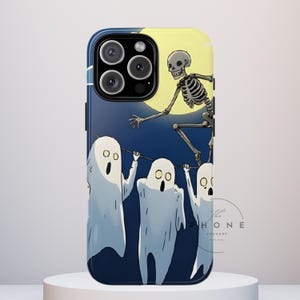 ジャンプするスケルトンの頑丈な携帯電話ケース、ハロウィーンの不気味な幽霊の漫画スタイル、iPhone、Galaxy、Googleに対応