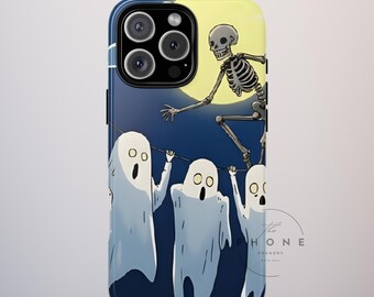 Jumping Skeleton Tough Phone Case, Halloween Creepy Ghost Cartoon Style, Compatible with iPhone, Galaxy, and Google