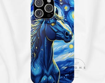 Year of the Horse Slim Phone Case Chinese Zodiac Blue Horse Art Design Compatible with iPhone 17 16 15 14 13 12 11