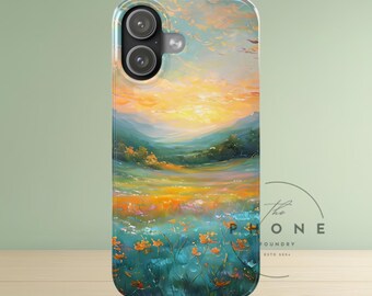 Wildflower Slim Phone Case Meadow Scenery, Faux Oil Painting Design, Mountain Sunrise Case Compatible with iPhone 17, 16, 15, 14, 13, 12, 11