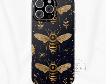 Gold Bee Biodegradable Phone Case, Dark Floral Cover with Bees and Wildflower, Vintage Nature, Gift for Her, Compatible with iPhone