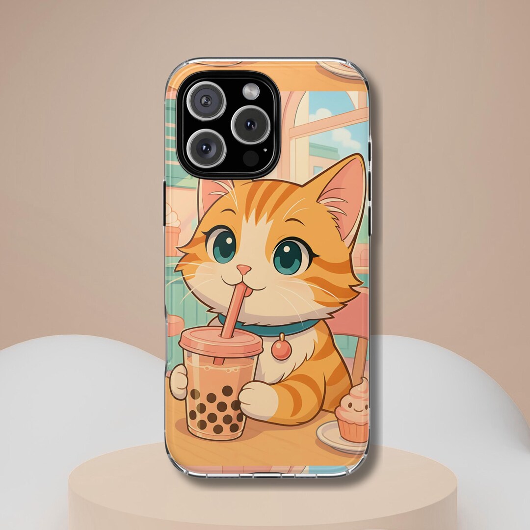 Boba Cat Phone Case, Kawaii Bubble Tea Anime Gift, Pastel Cafe Tough ...