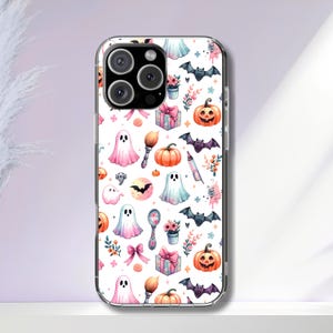 May include: Transparent phone case with a Halloween pattern. The design includes watercolour illustrations of ghosts, pumpkins, bats, bows, gifts, and flowers in pink, orange, and black on a white background.