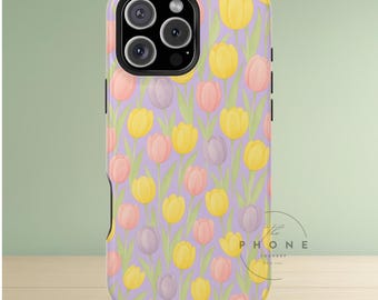 Whimsical Tulips Magnetic Phone Case, Pastel Floral Print, Soft Cottagecore, Compatible with iPhone 17, 16, 15, 14, 13