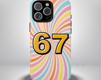 May include: A phone case with a retro design featuring a swirl of pastel colors: pink, yellow, blue, and orange. The number "67" is prominently displayed in a bold, orange font with a black outline. The case has a glossy finish.