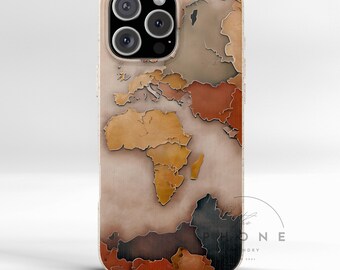 May include: A phone case featuring a world map design. The case has a vintage aesthetic with a color palette of browns, oranges, and tans. The map depicts continents with raised relief, adding a tactile dimension to the design.