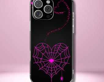 Pink Heart Web Tough Phone Case, Coquette Halloween Aesthetic, Creepy Spider Love Design, Compatible with iPhone, Galaxy, and Google Phones