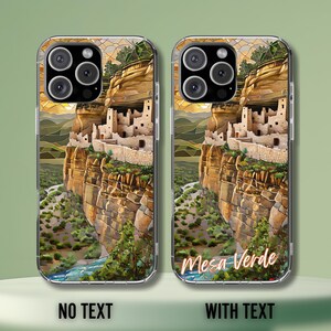 May include: Two clear phone cases with a landscape design featuring a cliff dwelling. The artwork depicts a canyon with a river, green vegetation, and a sunset. One case has the text "Mesa Verde" in cursive.