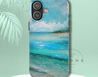 Ocean Scenery Slim Phone Case, Tropical Beach Phone Cover, Oil Painting Faux Design, Compatible with iPhone 17, 16, 15, 14, 13, 12, 11