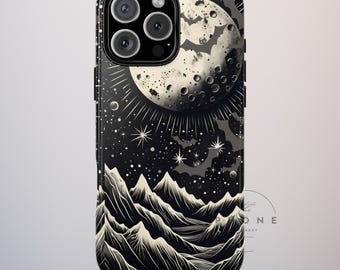 Vintage Halloween Night Sky Tough Phone Case, Spooky Mountain Moon Scene, Celestial Goth, Compatible with iPhone, Galaxy, Google