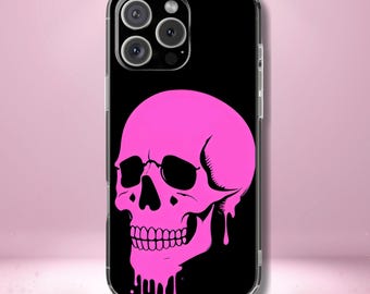 Dripping Skull Tough Phone Case - Hot Pink Spooky Design, Goth Coquette Aesthetic, Compatible with iPhone, Galaxy, and Google Phones