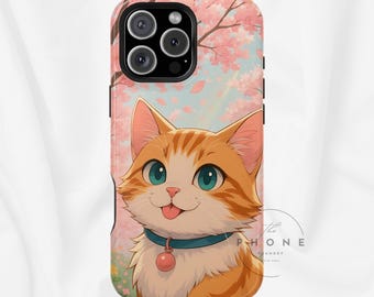 Cherry Blossom Cat Magnetic Phone Case, Anime Cat, Kawaii Gift, Compatible with iPhone 17, 16, 15, 14, 13