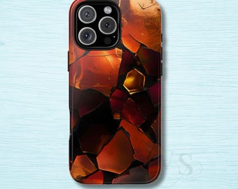 May include: A smartphone case featuring a vibrant abstract design of fragmented, geometric shapes in deep shades of orange, red, and dark brown. The pattern resembles broken glass or cracked earth, with a prominent golden hexagonal accent.