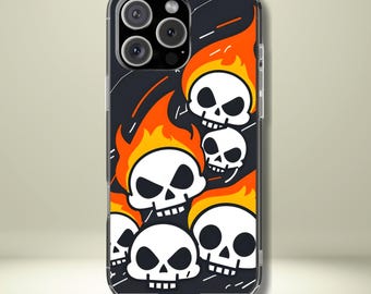 Flaming Skulls Tough Phone Case - Y2K Alt Halloween Aesthetic, Creepy Cute Cartoon Style, Compatible with iPhone, Galaxy, and Google Phones