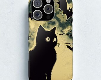 Funda delgada de gato negro, diseño vintage de Halloween con murciélagos y luna llena, compatible con iPhone, Galaxy, estética gótica pixelada, regalo de bruja espeluznante.