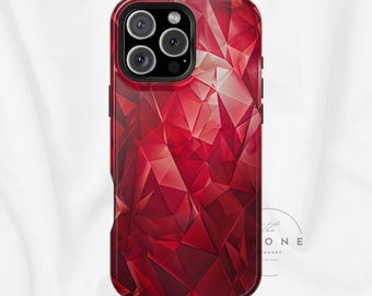 May include: A red phone case with a geometric, faceted design. The case has a glossy finish and features a multi-lens camera system. The design is a repeating pattern of red triangles and polygons. The case is for a smartphone.