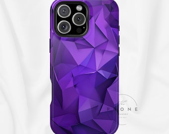 May include: A smartphone case featuring a geometric pattern of deep purple and violet triangular facets. The case has a cutout for a triple-lens camera system on the upper left corner and includes a circular logo with the text The Phone Foundry.