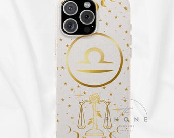 Libra Zodiac Biodegradable Phone Case, Gold Astrology Balance Design, Celestial Moon Phases Art, Compatible with iPhone 16 15 14 13 12 11