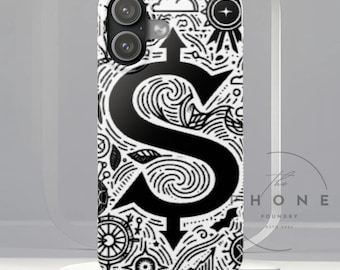 May include: A white phone case with a black graphic design. The design features a large, stylized letter "S" with arrows, swirls, and other decorative elements. The case has a dual-lens camera cutout.