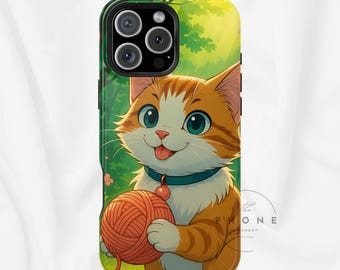 Playful Anime Cat Magnetic Phone Case, Kawaii Yarn Ball Cat Gift, Cottagecore, Compatible with iPhone 17, 16, 15, 14, 13