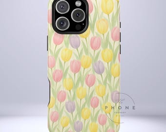 Whimsical Tulips Tough Phone Case, Pastel Floral Print, Soft Cottagecore, Compatible with iPhone, Galaxy, and Google