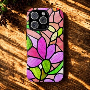 Stained Glass Floral Tough Phone Case - compatible with iPhone 15 14 13 12 11 X, Samsung Galaxy, Google Pixel- Artistic Flower Pattern Cover