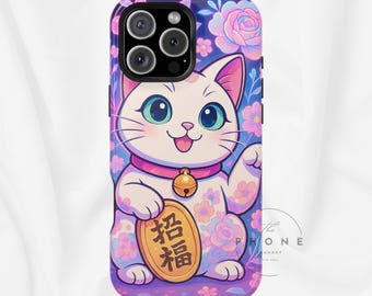 Lucky Cat Magnetic Phone Case, Maneki Neko Floral Kawaii, Compatible with iPhone 17, 16, 15, 14, 13