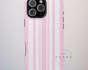 Pink Striped Tough Phone Case, Pastel Coquette Patterned, Compatible with iPhone 17, 16, 15, 14, 13, Galaxy, Google