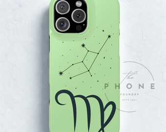 May include: A light green phone case featuring a black Virgo constellation design and the Virgo symbol. The case has a glossy finish and includes the text "The Phone Foundry" in a circular logo.