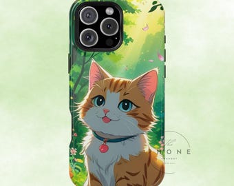 May include: A phone case featuring a cartoon cat with orange and white fur, blue eyes, and a blue collar with a red charm. The background depicts a green forest scene with sunlight and flowers. The case has a black camera module.