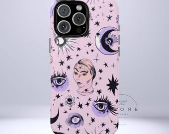 Celestial Tough Phone Case, Stylish Cosmic Design, Astrology Gifts, Moon & Stars, Compatible with iPhone 17, 16, 15, 14, 13, Galaxy, Google