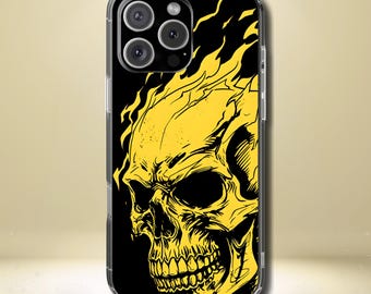 Flaming Skull Tough Phone Case - Gothic Halloween Aesthetic, Creepy Yellow Horror Art, Compatible with iPhone, Galaxy, and Google Phones