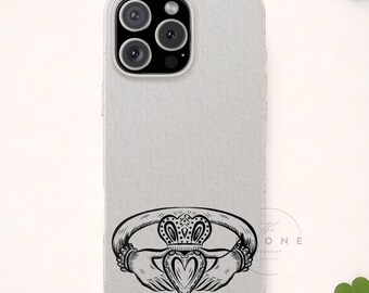 Irish Claddagh Biodegradable Phone Case Irish Symbol Ring Minimal Black White Design Love Loyalty Friendship Compatible with iPhone