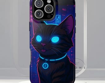Cyberpunk Cat Magnetic Phone Case, Vaporwave Anime Kitty Gift, Futuristic, Compatible with iPhone 17, 16, 15, 14, 13